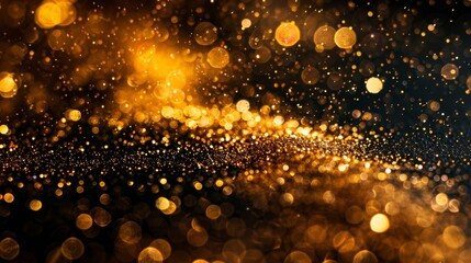 Elegant golden bokeh particles scattered on a dark backdrop, perfect for celebrations and festive occasions.