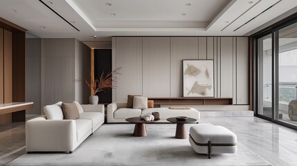 A Modern Minimalist Living Room Interior With A Couch, Ottomans, Tables, And A Painting On The Wall.