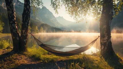 A serene summer camping scene at a lake, featuring an empty hammock between two trees with a view of a foggy mountain lake at sunrise. The scene promotes an outdoor and adventure theme - obrazy, fototapety, plakaty