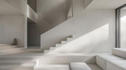 The Interior Of A Modern Living Room With A White Concrete Stairs.
