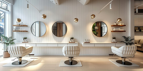 The luxurious hair salon features a modern design, clean lines and elegant furnishings.
