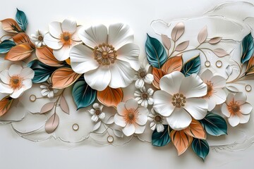 3d mural illustration flowers white background , wallpaper, Generative AI