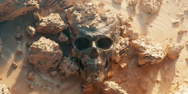 A digitally rendered ancient skull partially buried in the desert sands, depicting time and decay.