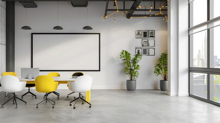 Contemporary office room with bright accents and an empty white frame, promising a space for artistic expression.