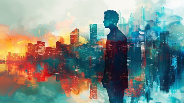 Abstract portrayal of a leader's silhouette superimposed on a dynamic city skyline, emphasizing leadership in technological and business advancements