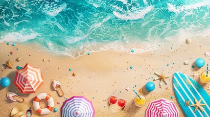 A top view of a beach background decorated with umbrellas, balls, a swim ring, sunglasses, surfboard, hat, sandals, juice, and a starfish on the sea shore - obrazy, fototapety, plakaty