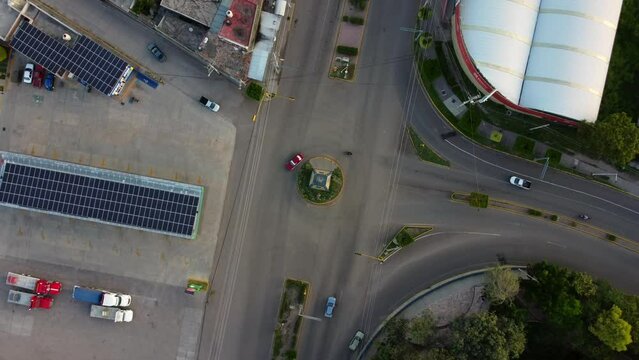 Aerial footage of the Lazaro Cardenas roundabout in Huajuapan de Leon, Oaxaca, Mexico.