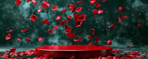 Bright red podium surrounded by falling rose petals in a mystical forest setting