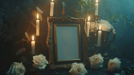 A moody composition with lit candles, antique frame, and white roses on a dark background.