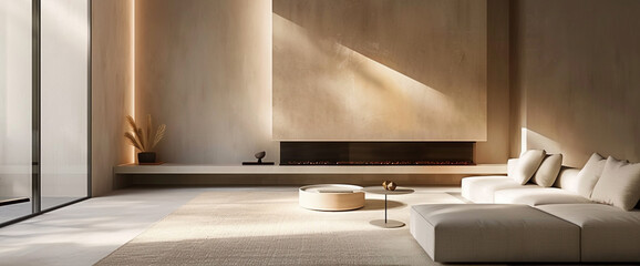 A minimalist living room with a neutral color palette and clean lines, centered around a contemporary fireplace.