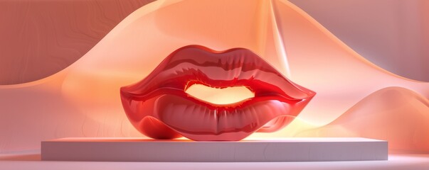 Stunning modern art piece featuring oversized red lips on soft orange background