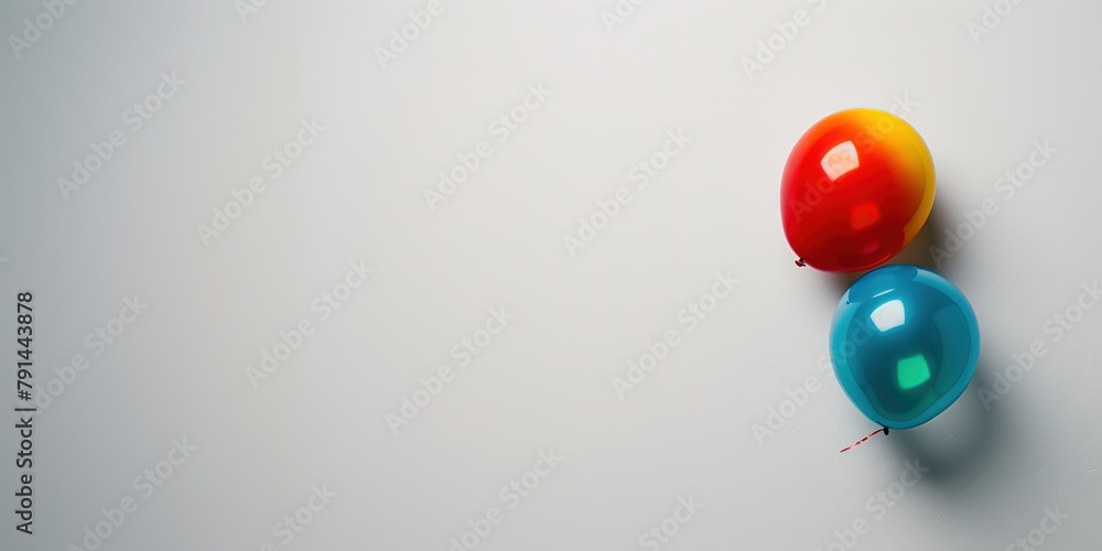 Poster two colorful balloons on a white background with ample space for text.