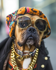 A fashionable Boxer dog posing as a stylish model, dressed classy, chic and elegant - 791443817