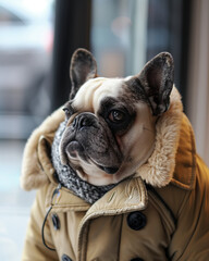 A fashionable French Bulldog dog posing as a stylish model, dressed classy, chic and elegant - 791443826