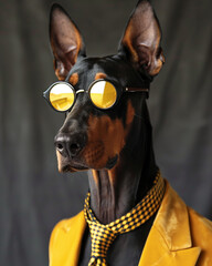 A fashionable Doberman dog posing as a stylish model, dressed classy, chic and elegant