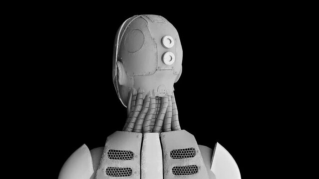 humanoid prototype robot artificial intelligence connected to the brain back view black background 3d rendering animation 
