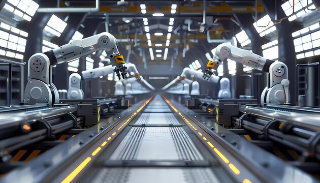 Robotic arms in a manufactoring street. Generative ai design concept.