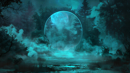 Dark forest magic mirror. Night view smoke smog neon l