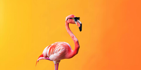 Cool flamingo with sunglasses on orange background. Generative ai design art concept. - obrazy, fototapety, plakaty