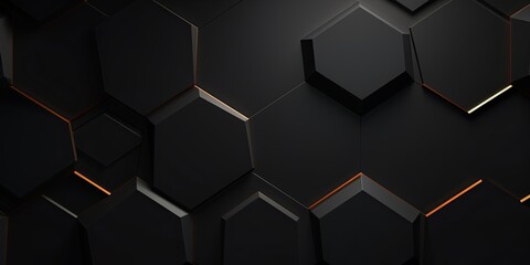 Black background with hexagon pattern, 3D rendering illustration. Abstract black wallpaper design for banner, poster or cover with copy space for photo text or product, blank empty copyspace. 