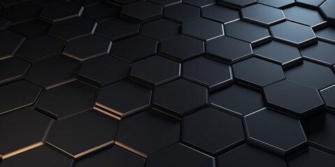 Black background with hexagon pattern, 3D rendering illustration. Abstract black wallpaper design for banner, poster or cover with copy space for photo text or product, blank empty copyspace. 
