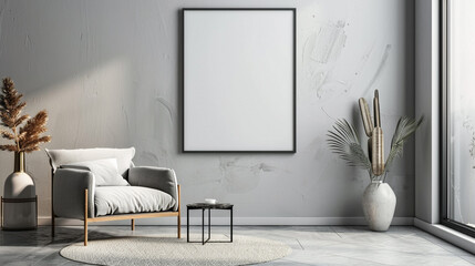 A minimalist living room setting with a carefully positioned poster frame as the focal point.