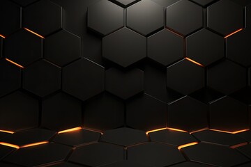 Black background with hexagon pattern, 3D rendering illustration. Abstract black wallpaper design for banner, poster or cover with copy space for photo text or product, blank empty copyspace. 