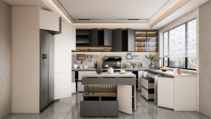 3d rendering modern kitchen fully parametric manufacturable with opened shelf cabinets