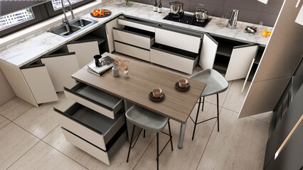 3d rendering modern kitchen fully parametric manufacturable with opened shelf cabinets