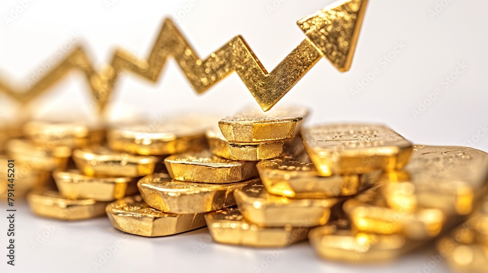 Poster a rising line arrow graph with a stack of gold bars on a white background.