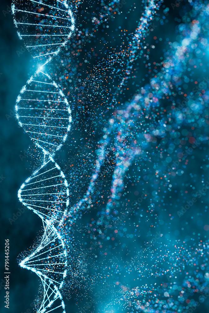 Wall mural dna double helix with sparkling nodes in a dynamic blue environment. genomic sequencing, molecular b