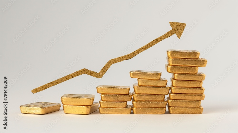 Poster a rising line arrow graph with a stack of gold bars on a white background.