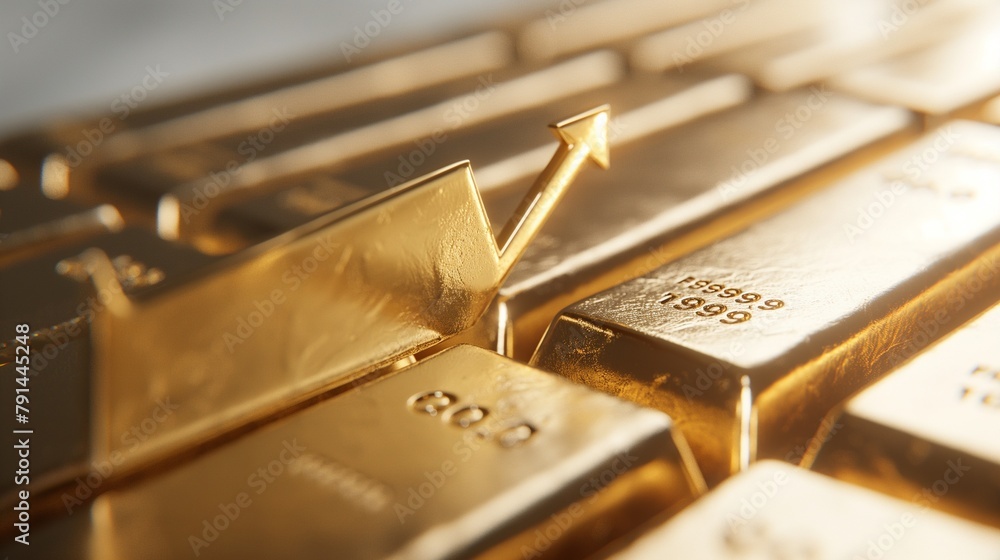 Poster a rising line arrow graph with a stack of gold bars on a white background.
