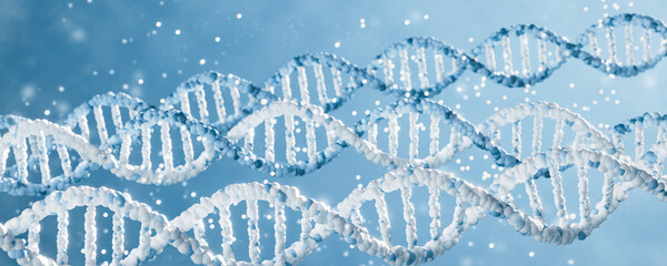 3D render of DNA strands with light particles. Scientific concept of genetics and molecular...