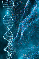 DNA double helix with sparkling nodes in a dynamic blue environment. Genomic sequencing, molecular...