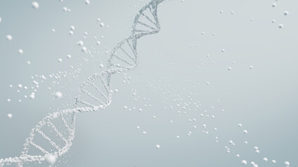 3D rendering of a DNA molecule in white with particles against a light background, scientific purity and genetic analysis.