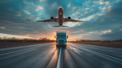Highway encounter: truck meets airplane at sunset - Powered by Adobe