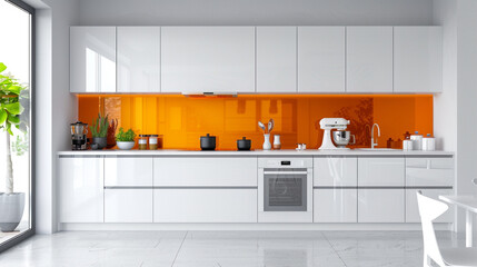 A minimalist kitchen with a vibrant, tangerine orange backsplash and crisp, white cabinets, surrounded by colorful accents and ample copy space.