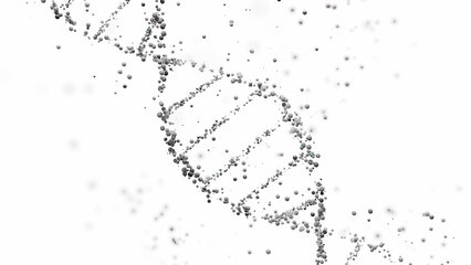 3D rendering of a DNA molecule in white with particles against a light background, scientific...