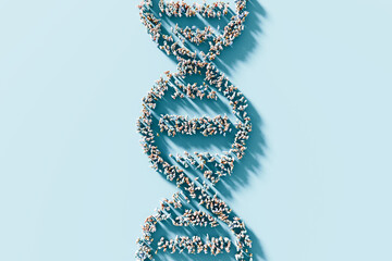 DNA double helix structure composed of human figures on a blue background with copy space. Public health and population genetics concept