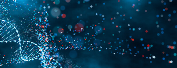 Sparkling DNA helix structure in blue and red. High-tech concept of genetic research, bioinformatics, and computational biology. Abstract visualization with bokeh effect and dynamic particles.