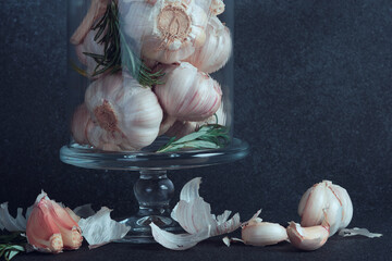 Garlic Bulbs with Rosemary in a Glass Cloche Display. A tasteful arrangement of garlic bulbs and...