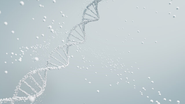 3D rendering of a DNA molecule in white with particles against a light background, scientific purity and genetic analysis.