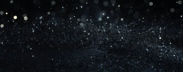 Black glitter texture background with dark shadows, glowing stars, and subtle sparkles with copy space for photo text or product, blank empty copyspace  - obrazy, fototapety, plakaty