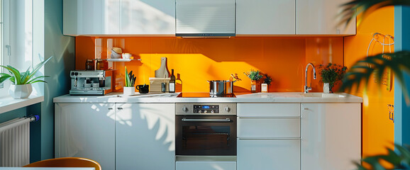 A minimalist kitchen with a vibrant, tangerine orange backsplash and crisp, white cabinets, surrounded by colorful accents and offering ample copy space.