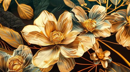 golden floral background, abstract vintage flower design, mural art, gold nature, floral wallpaper background, Generative AI