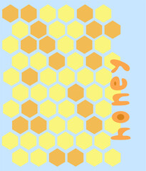 Sweet honey vector illustration on a blue background, World bee day. Yellow honeycombs and orange lettering HONEY
