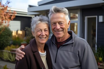 Portrait of happy senior couple standing in front of their new house