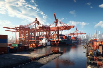 Fototapeta premium Container Cargo freight ship with working crane bridge at sunset for Logistic Import Export background.