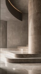 A Vertical Image Of A Concrete Curved Staircase In The Living Room With A Minimalist Aesthetic Design.